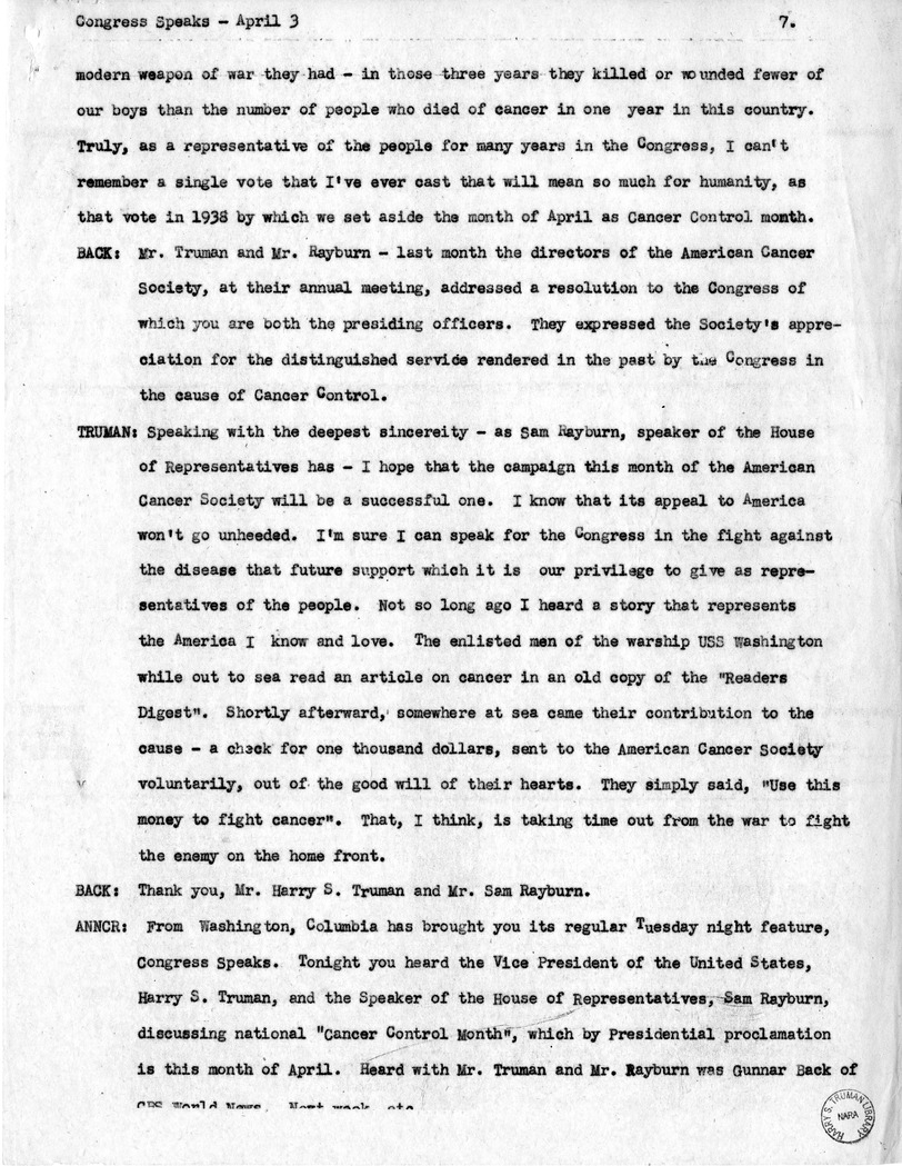 Radio Transcript of Remarks of Vice President Harry S. Truman