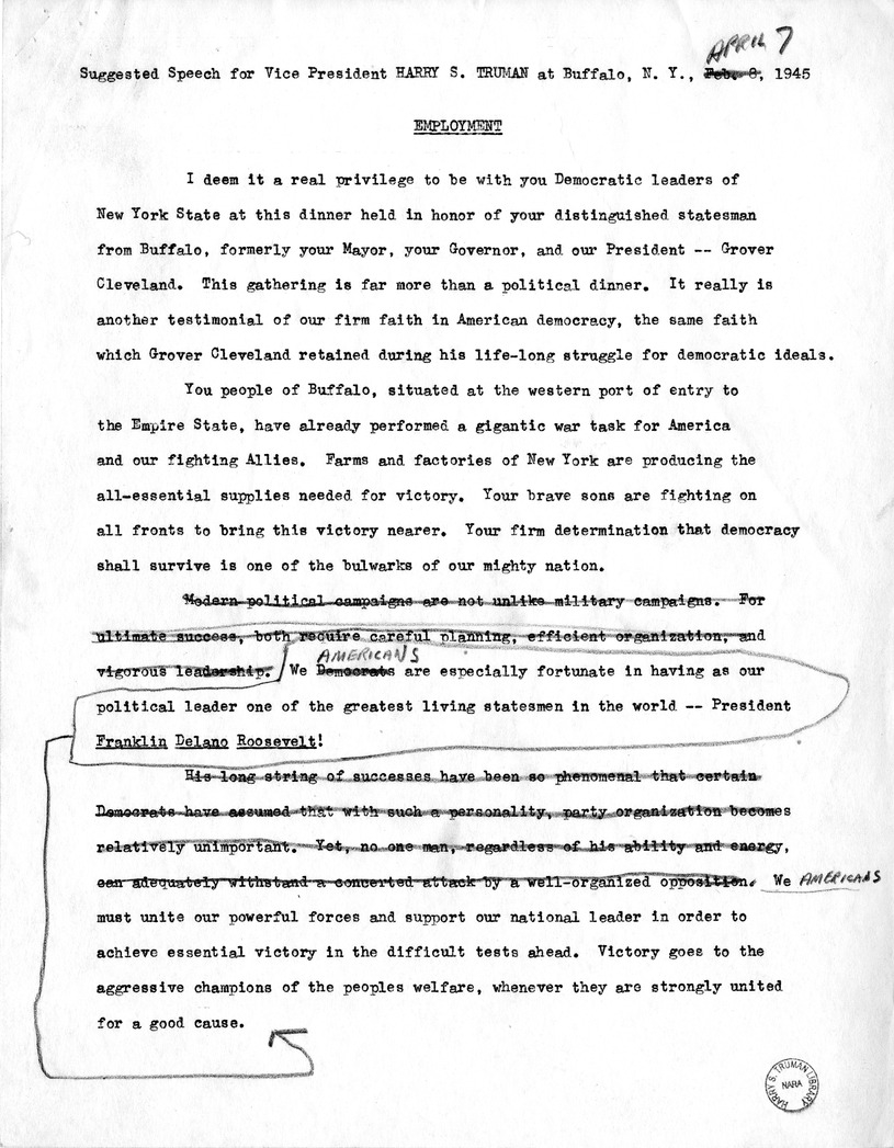 Draft of Suggested Speech for Vice President Harry S. Truman at Buffalo, New York