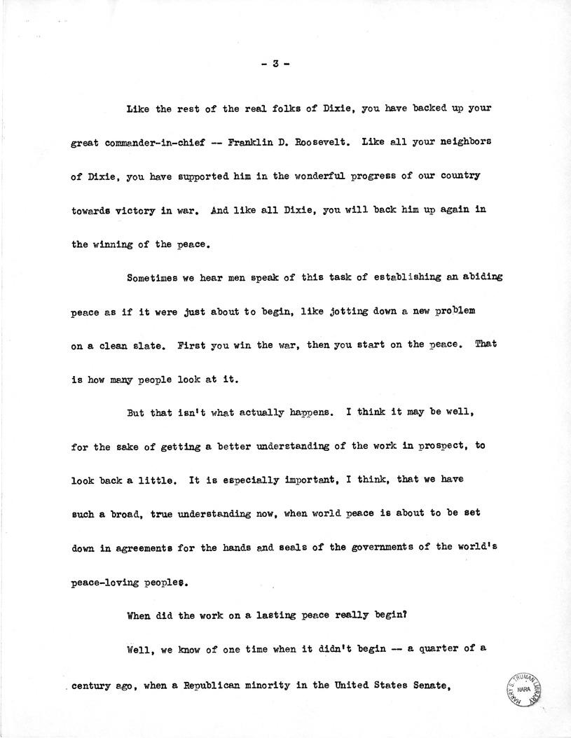 Draft Speech of Vice President Harry S. Truman