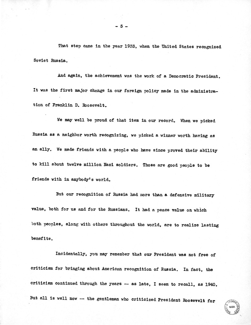 Draft Speech of Vice President Harry S. Truman