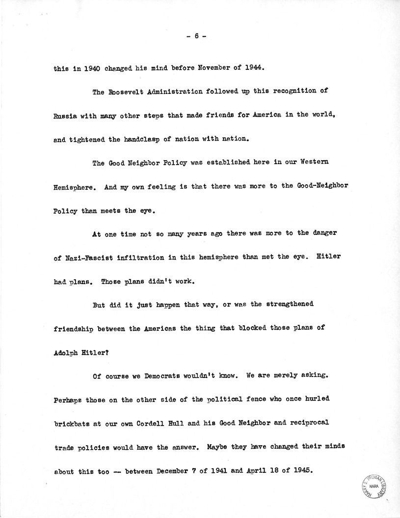 Draft Speech of Vice President Harry S. Truman