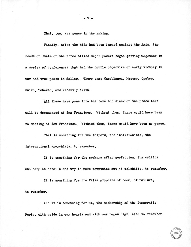 Draft Speech of Vice President Harry S. Truman
