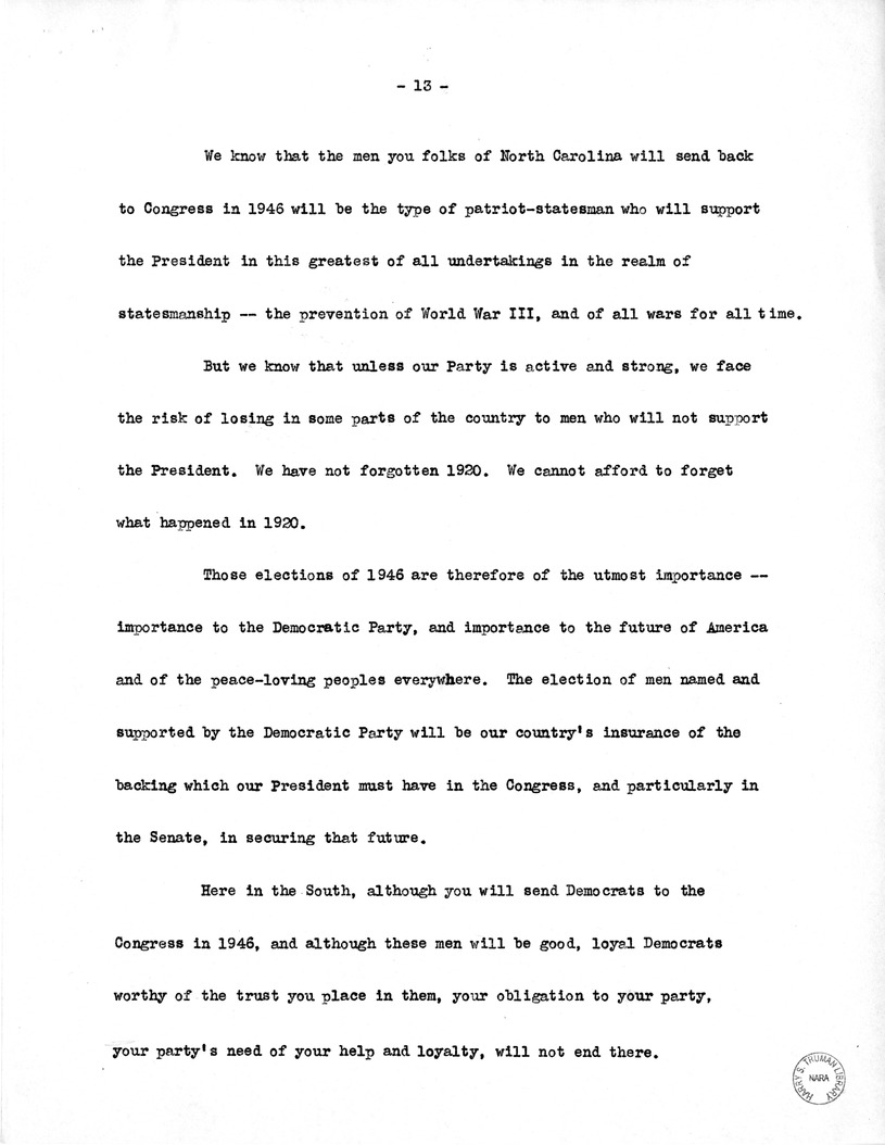 Draft Speech of Vice President Harry S. Truman