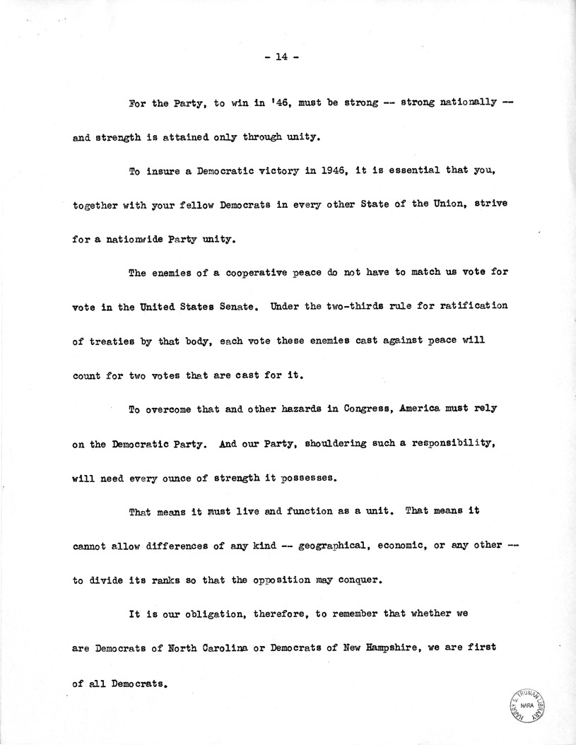 Draft Speech of Vice President Harry S. Truman