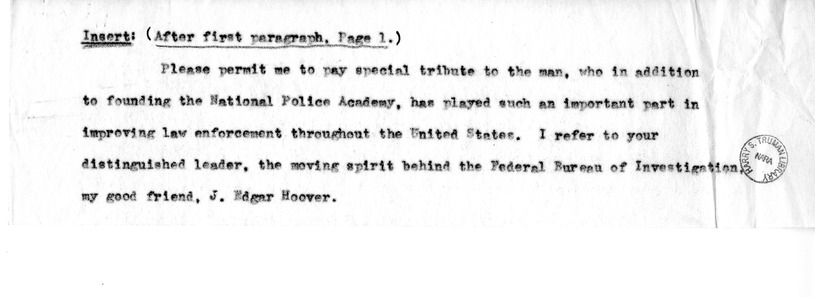 Draft of Suggested Speech for Vice President Harry S. Truman at the Federal Bureau of Investigation, Washington D.C.