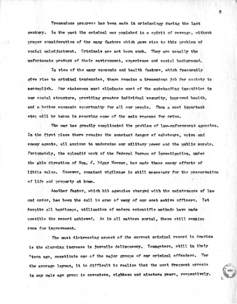 Draft of Suggested Speech for Vice President Harry S. Truman at the Federal Bureau of Investigation, Washington D.C.