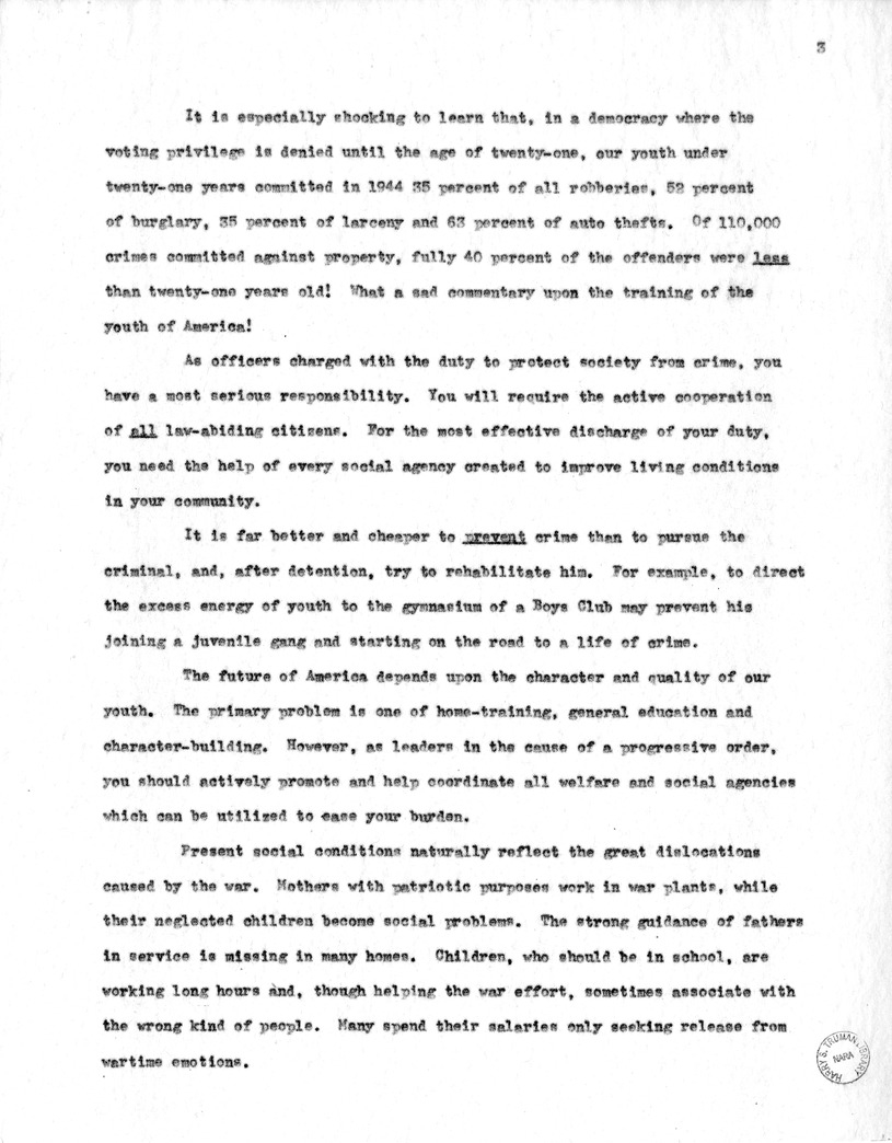 Draft of Suggested Speech for Vice President Harry S. Truman at the Federal Bureau of Investigation, Washington D.C.