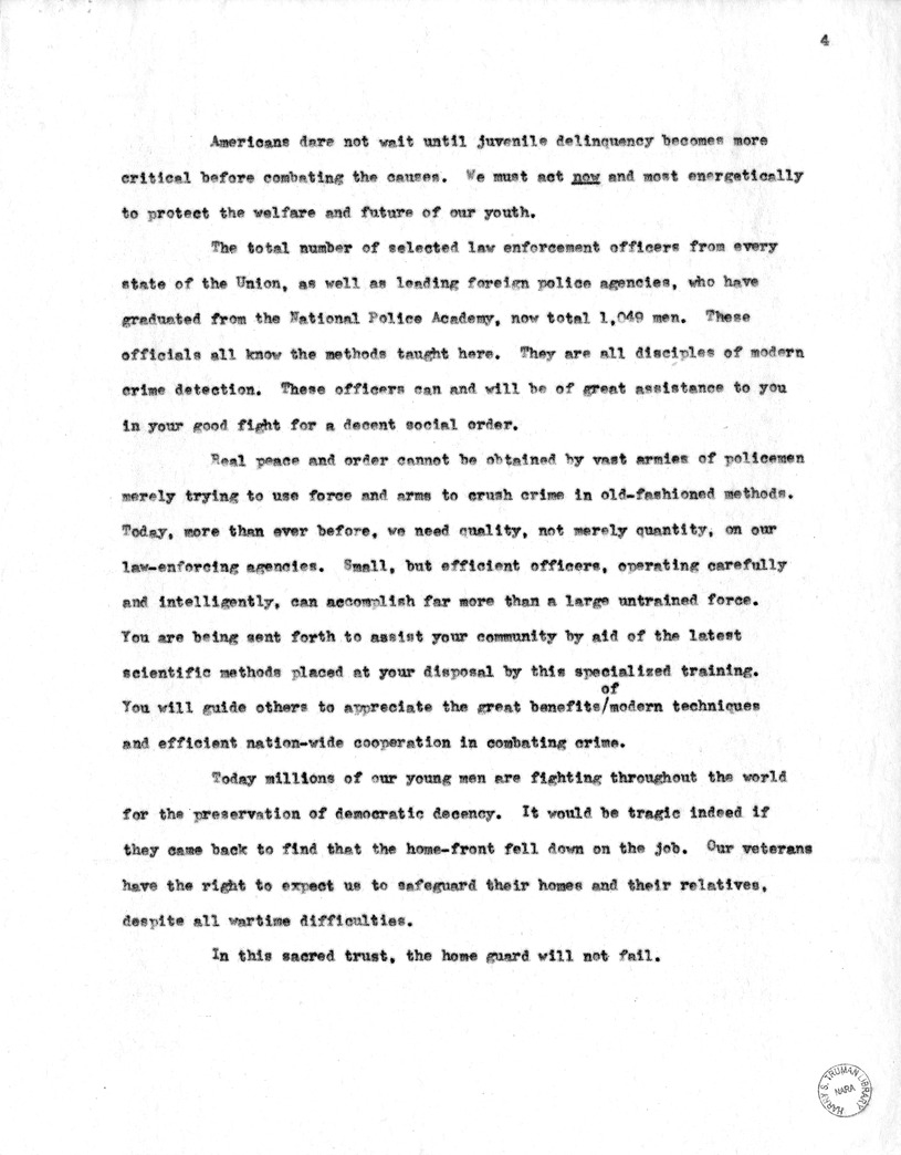 Draft of Suggested Speech for Vice President Harry S. Truman at the Federal Bureau of Investigation, Washington D.C.
