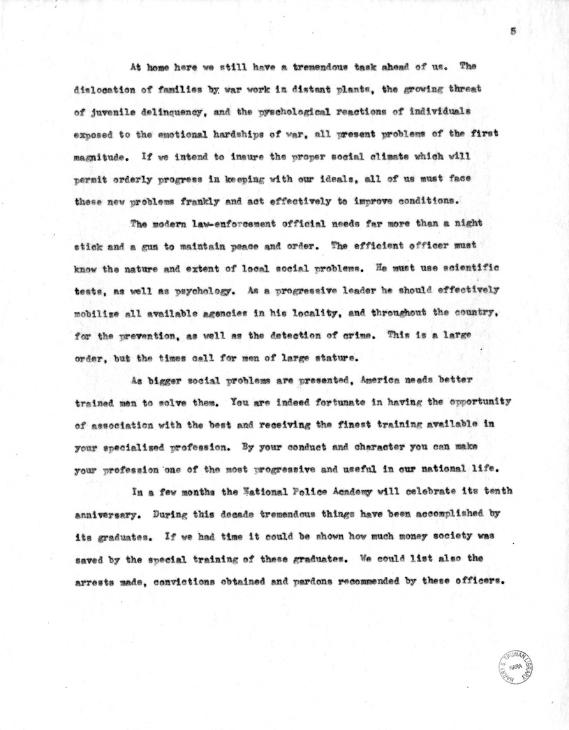 Draft of Suggested Speech for Vice President Harry S. Truman at the Federal Bureau of Investigation, Washington D.C.