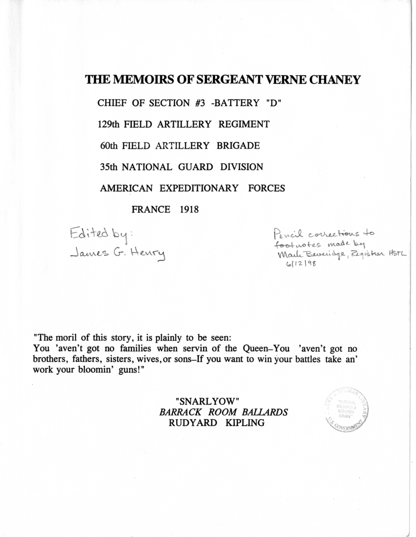 "The Memoirs of Sergeant Verne Chaney"