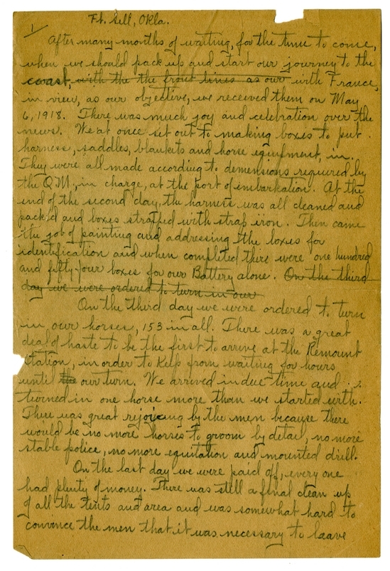 Handwritten World War I Notes of Verne Chaney, Sr.