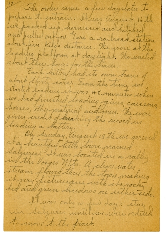 Handwritten World War I Notes of Verne Chaney, Sr.