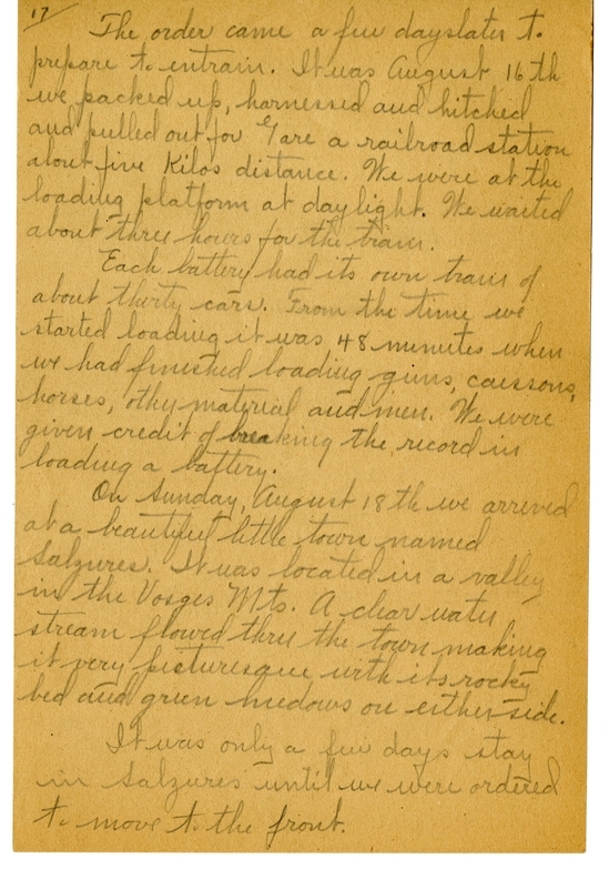 Handwritten World War I Notes of Verne Chaney, Sr.