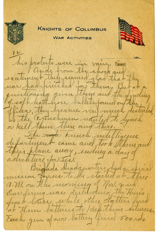 Handwritten World War I Notes of Verne Chaney, Sr.