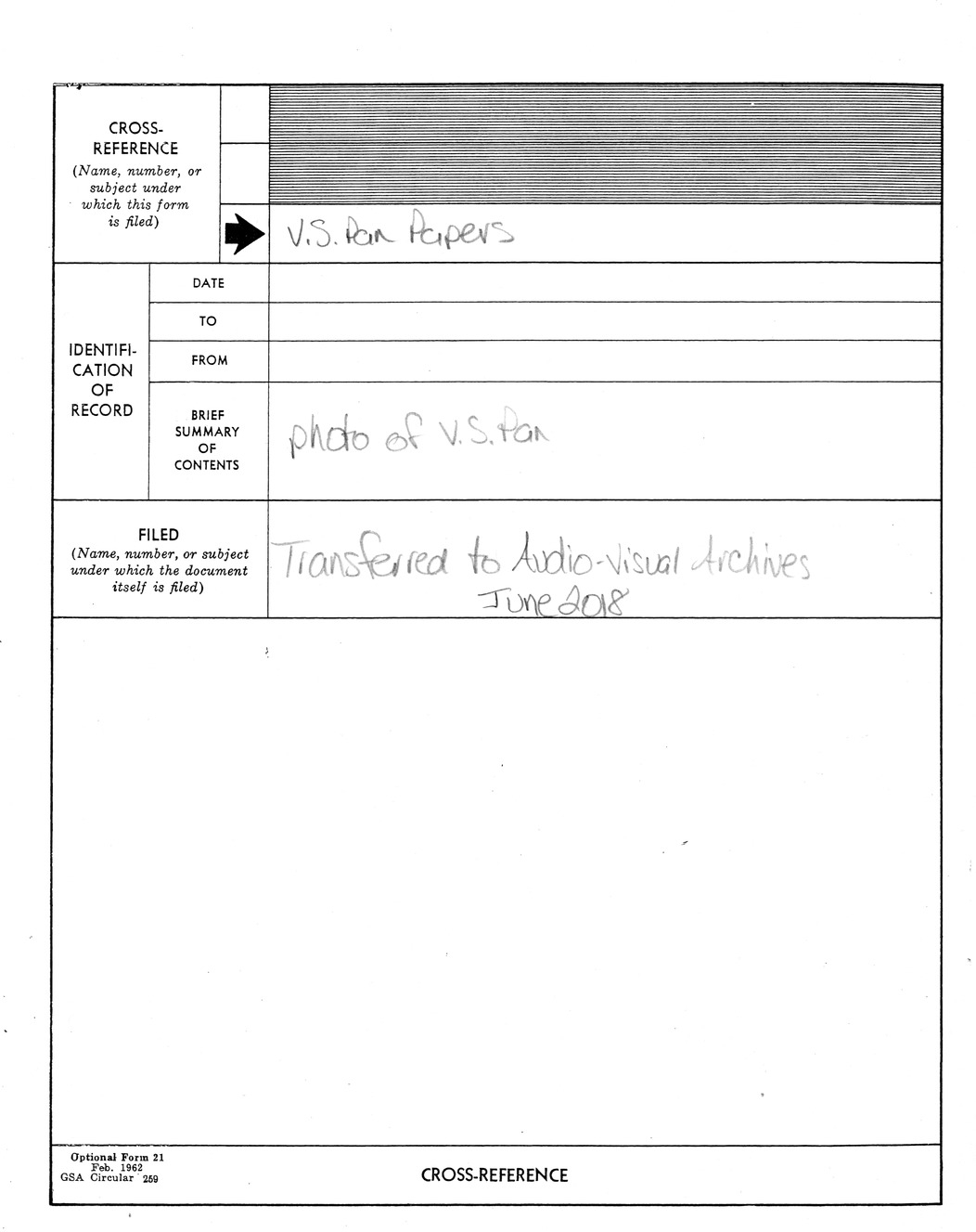 National Archives Cross Reference Sheet