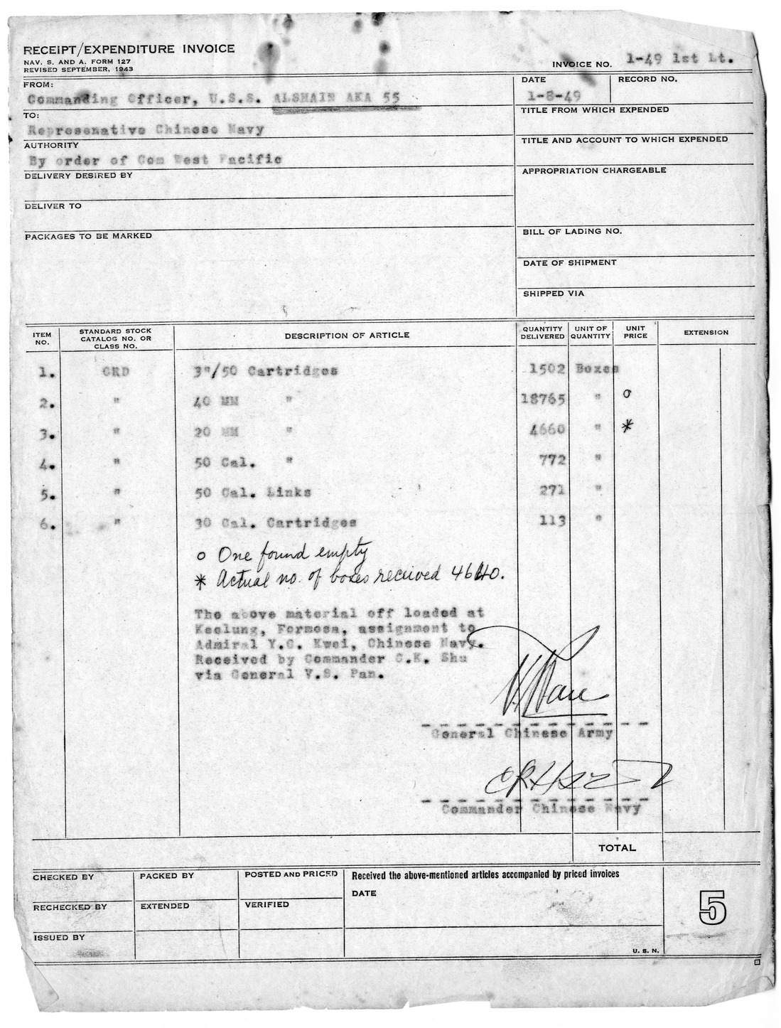 Receipt/Expenditure Invoice from Commanding Officer, USS Alshain to Representative of the Chinese Navy