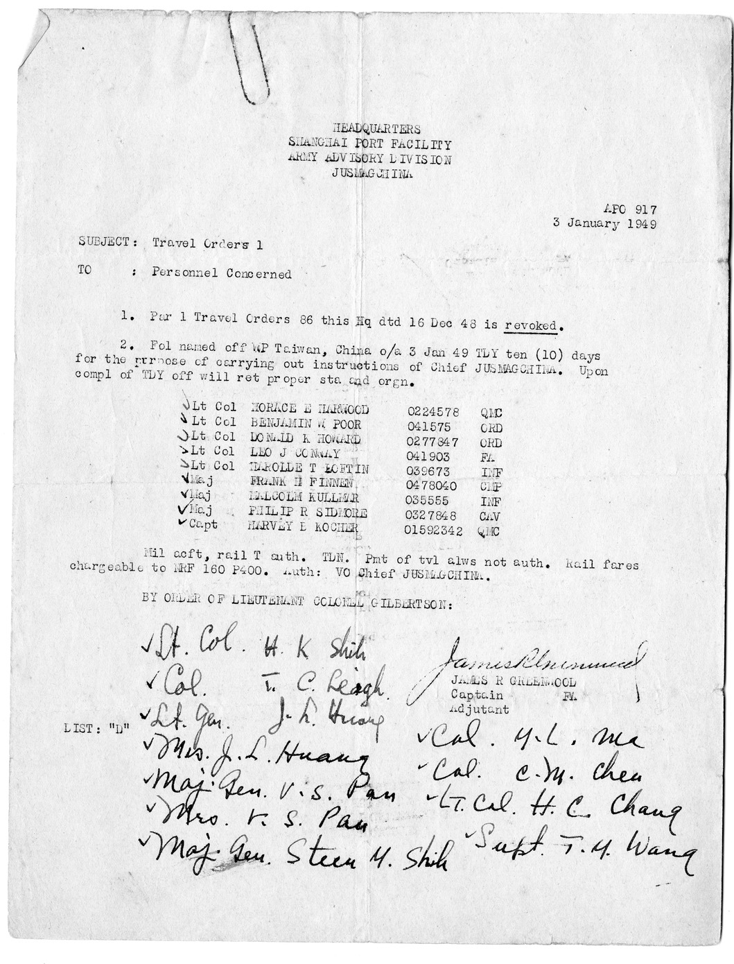 Memorandum from Captain James R. Greenwood