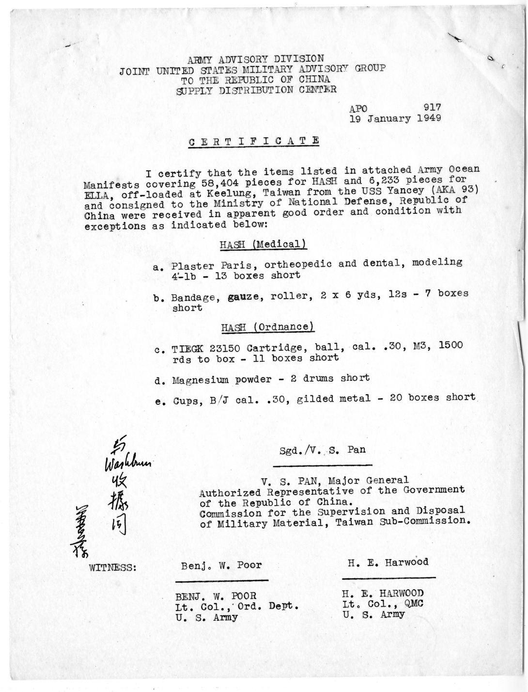 Certificate of Receipt of Materials with Attached Army Ocean Manifests