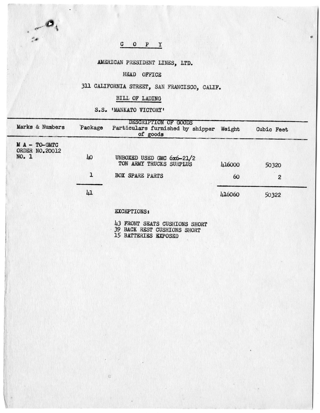 Memorandum from Major General V. S. Pan with Attached Bill of Lading