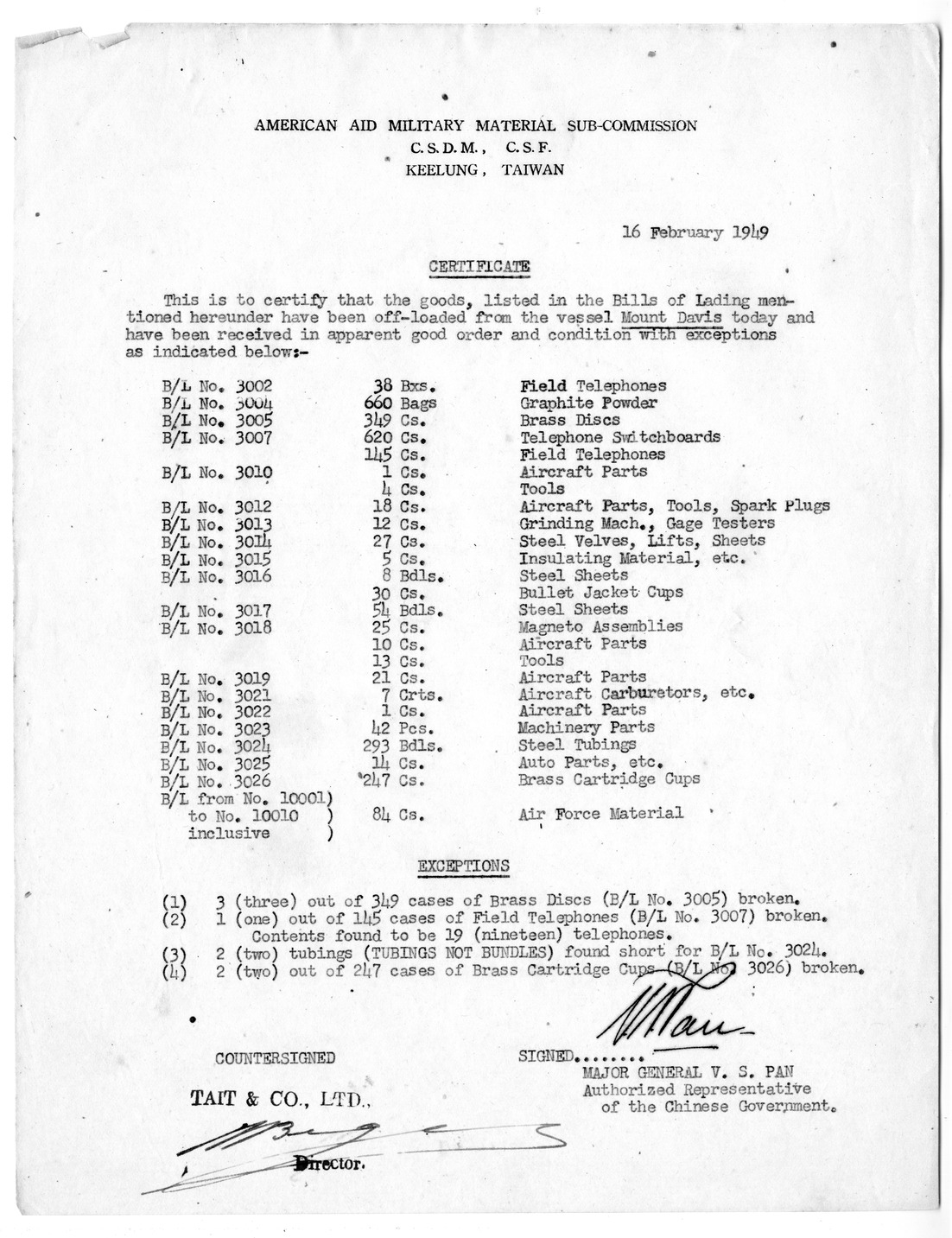 Certificate of Receipt of Materials from Major General V. S. Pan