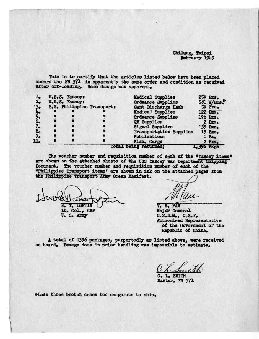 Shipment Certificate from Major General V. S. Pan