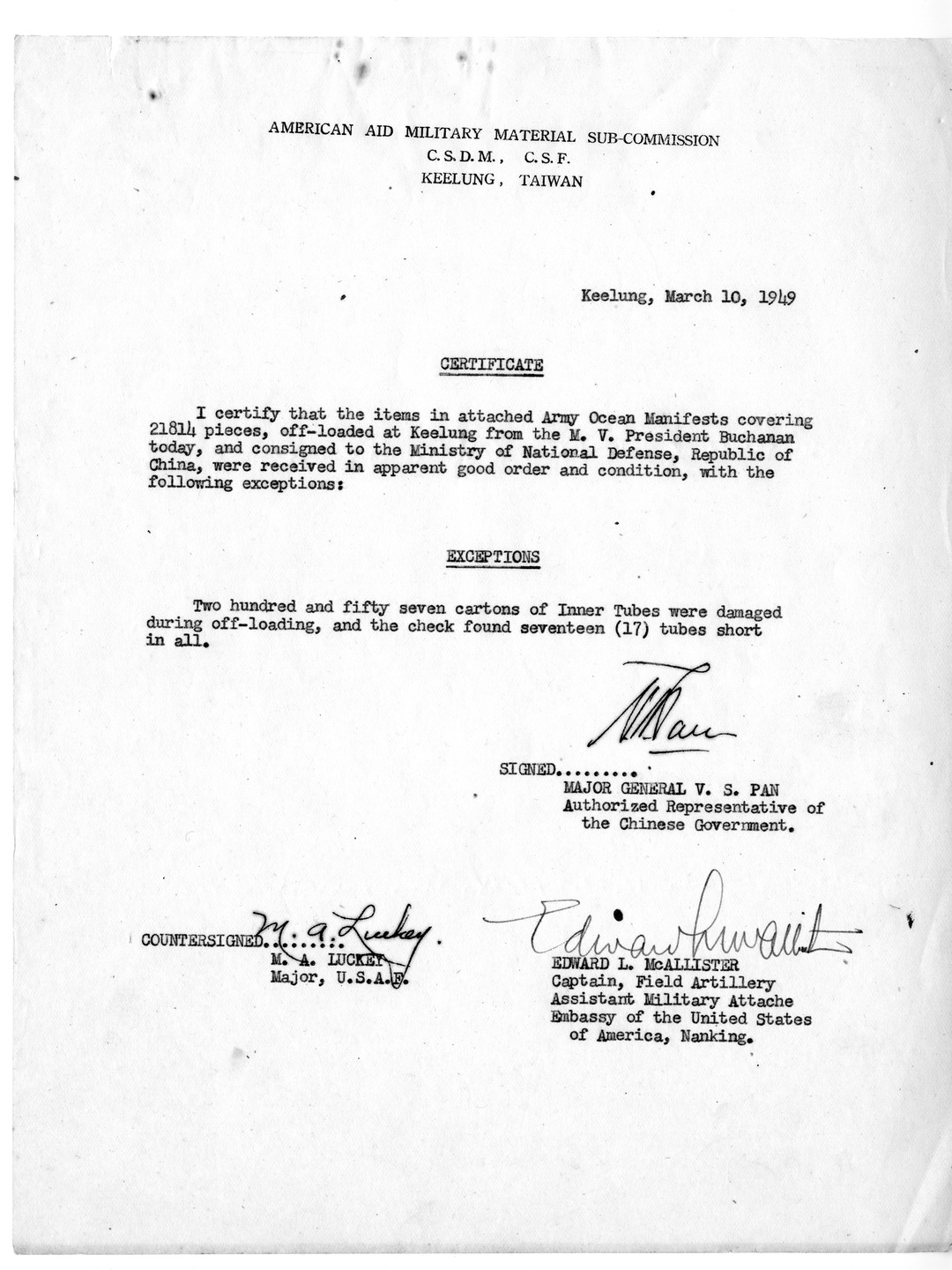 Certificate of Receipt of Materials from Major General V. S. Pan