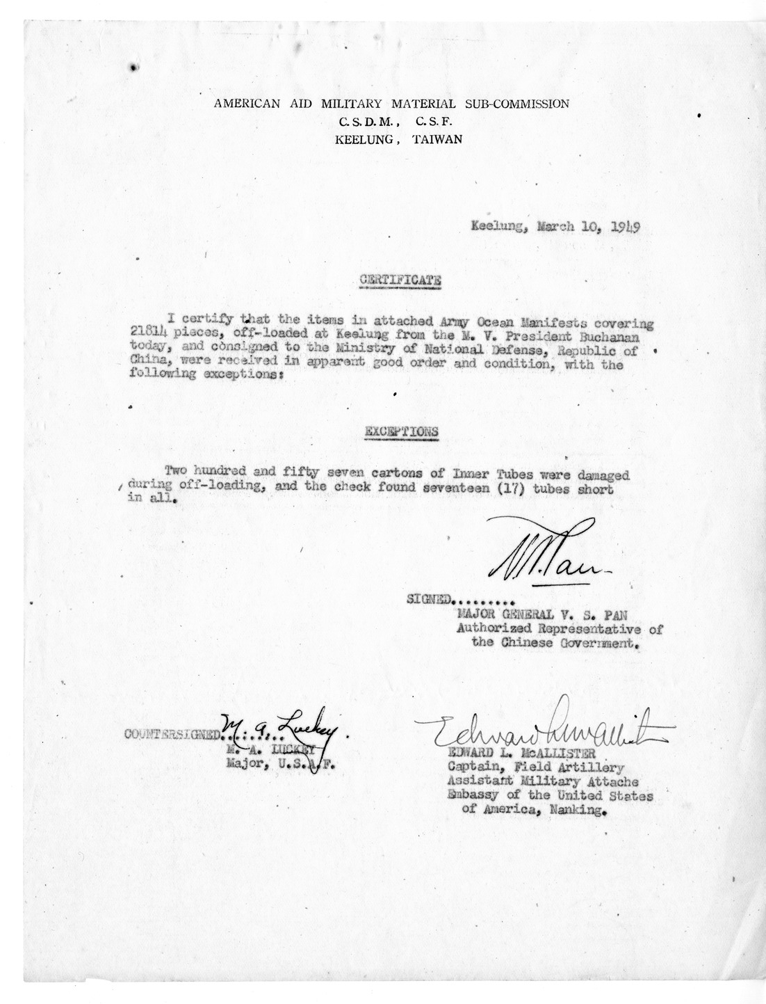 Certificate of Receipt of Materials from Major General V. S. Pan
