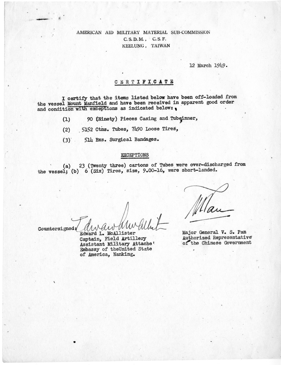 Certificate of Receipt of Materials from Major General V. S. Pan