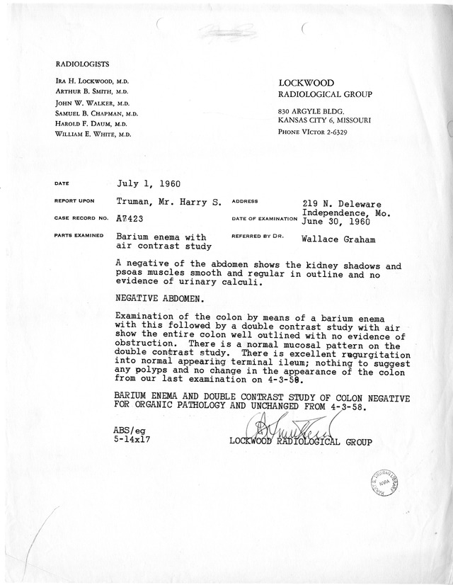 Barium Enema and Double Contrast Study Results for Former President Harry S. Truman