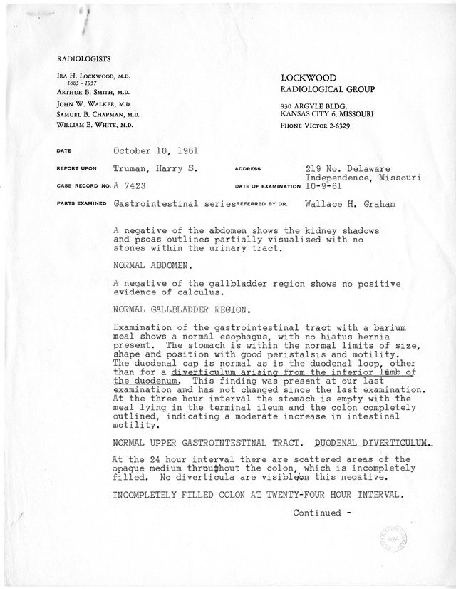Gastrointestinal Series Results for Former President Harry S. Truman