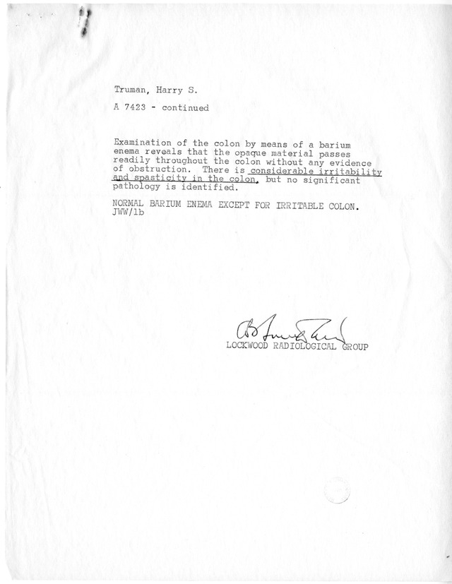 Gastrointestinal Series Results for Former President Harry S. Truman