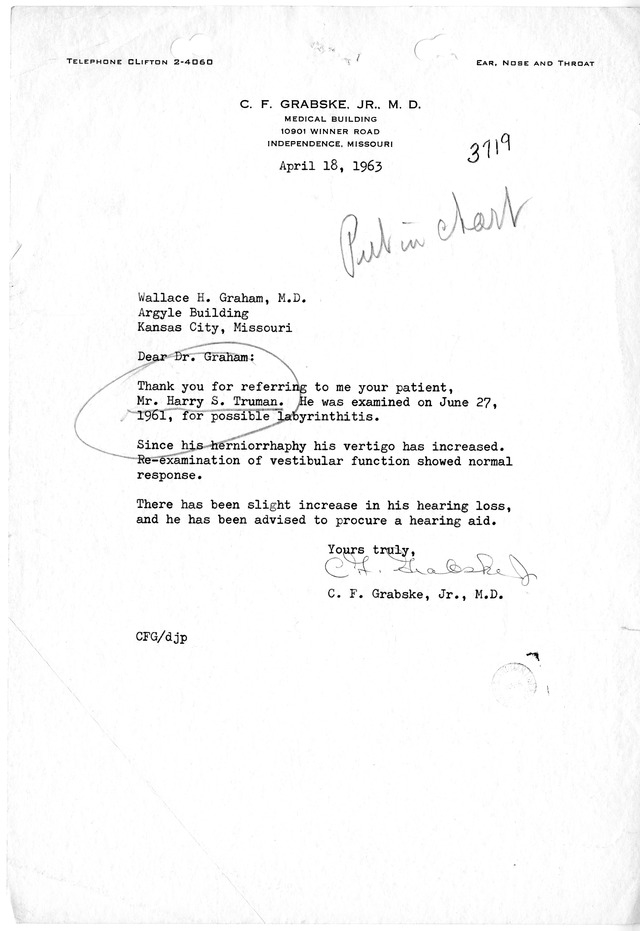 Letter and Exam Results from C. F. Grabske, Jr. to Wallace H. Graham