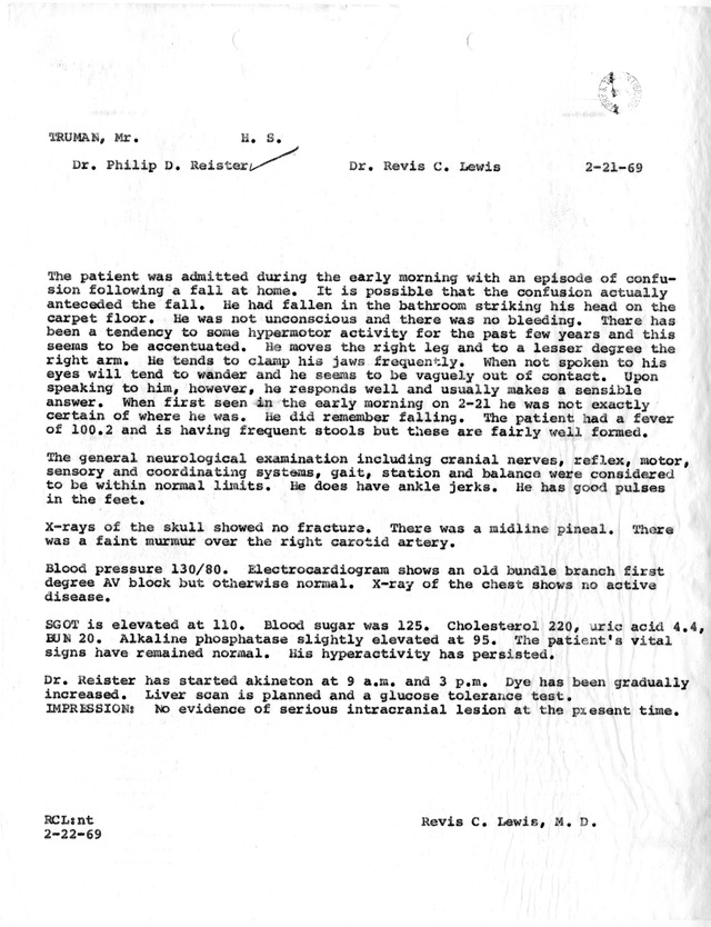 Physician Report by Revis C. Lewis for Former President Harry S. Truman