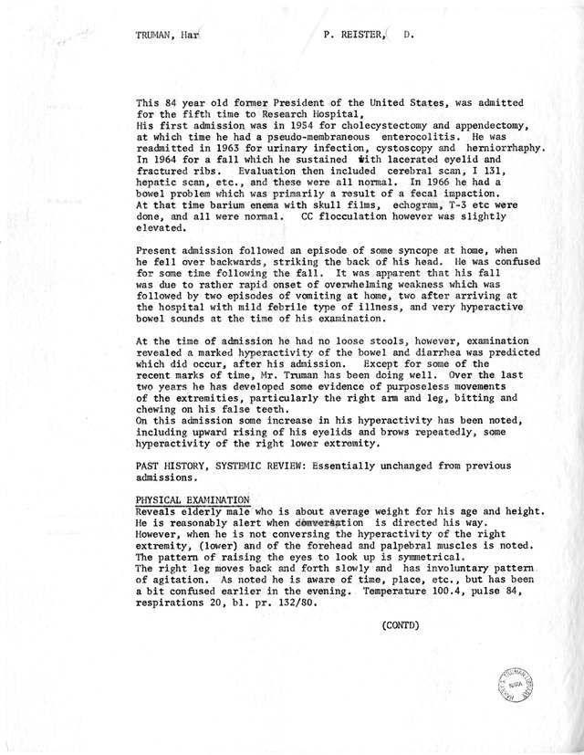 Physician's Report by Philip Reister for Former President Harry S. Truman
