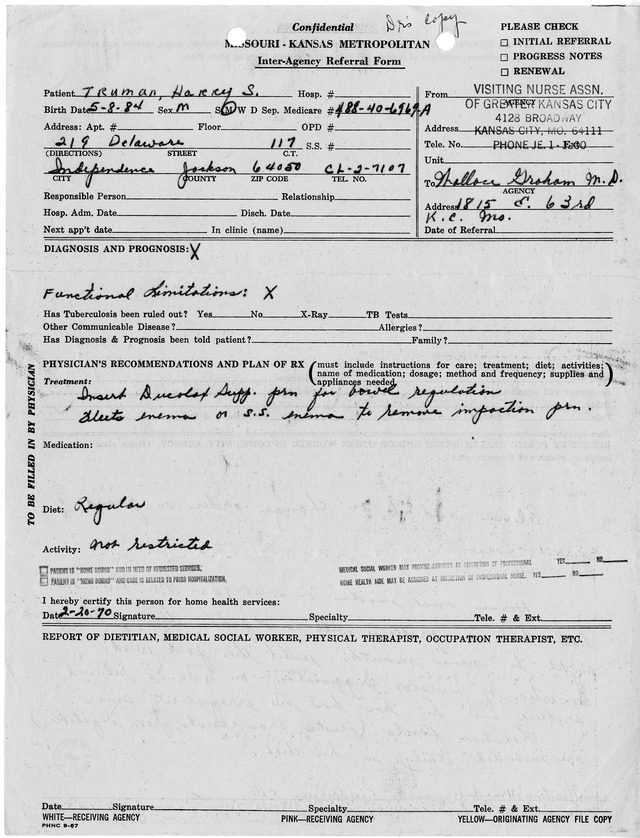 Visiting Nurse Report for Former President Harry S. Truman
