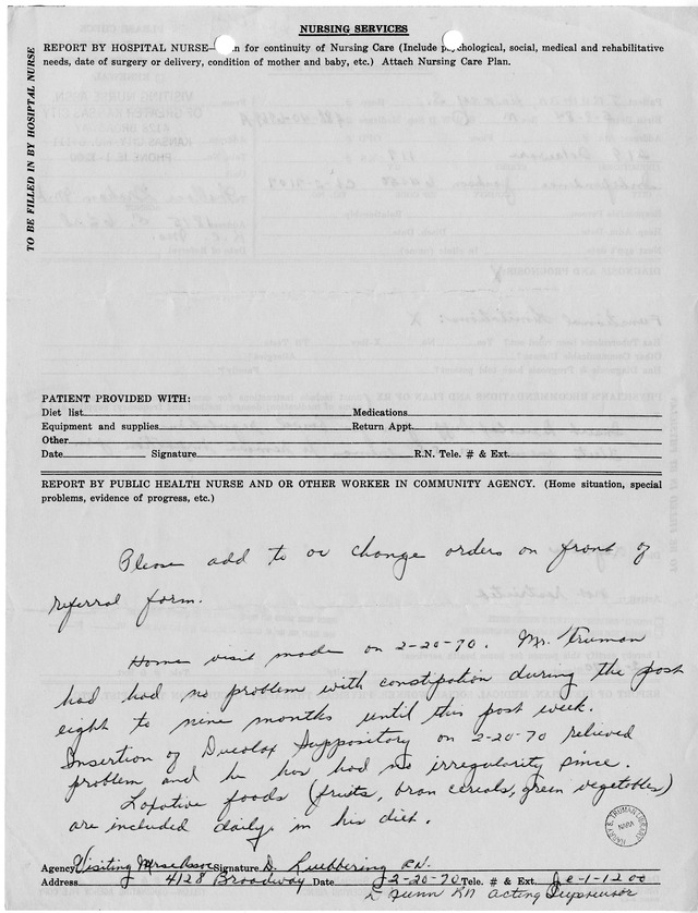 Visiting Nurse Report for Former President Harry S. Truman