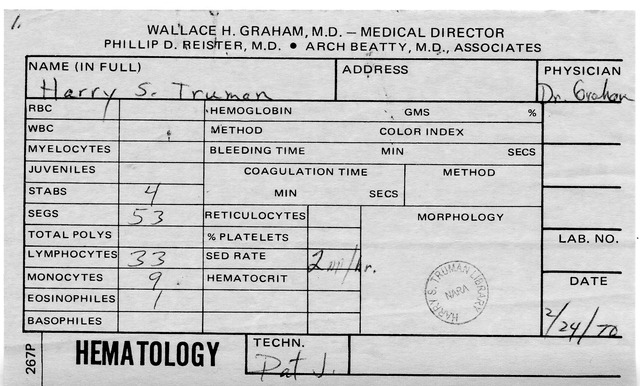 Hematology Report for Former President Harry S. Truman