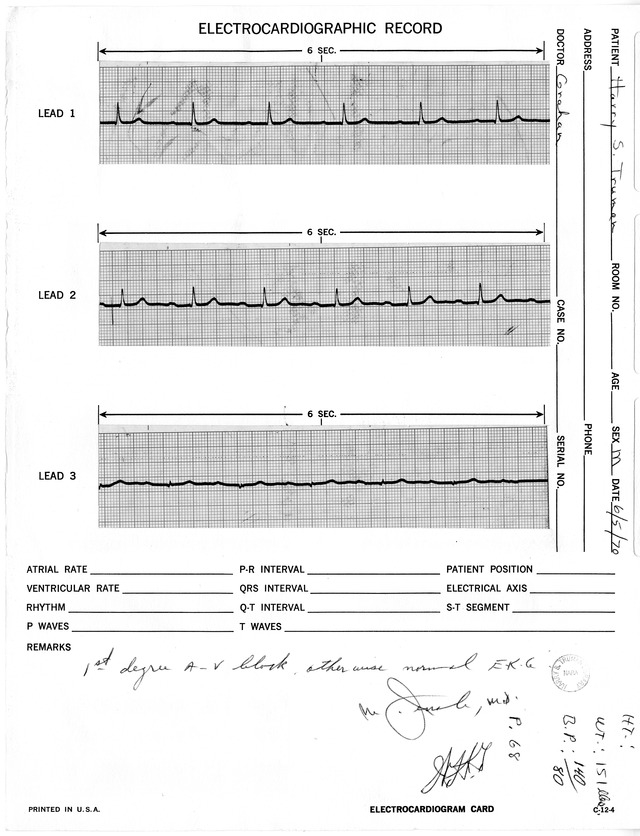 Electrocardiographic Report for Former President Harry S. Truman