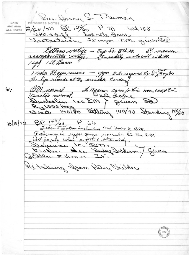Handwritten Exam Notes for Former President Harry S. Truman
