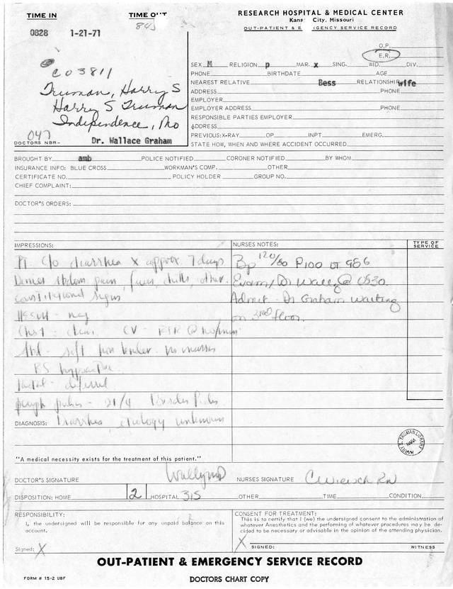 Out-Patient and Emergency Service Record for Former President Harry S. Truman