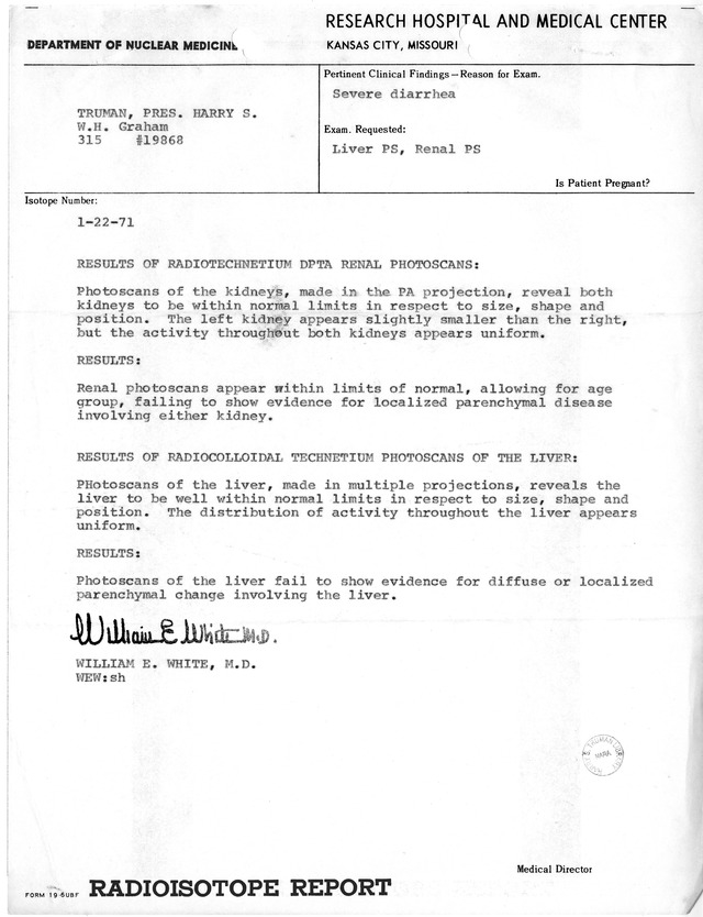 Radioisotope Report for Former President Harry S. Truman