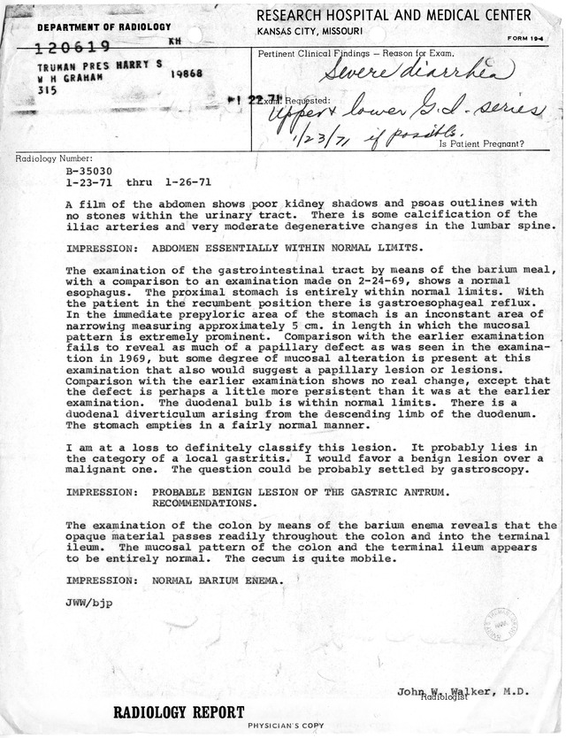 Radiology Report for Former President Harry S. Truman