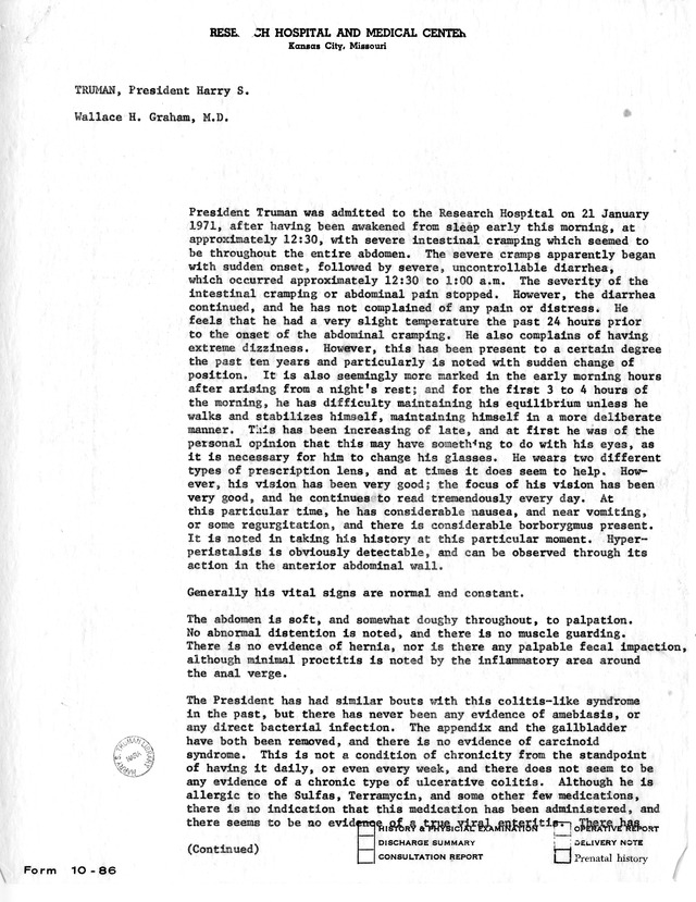 Physician's Report by Wallace H. Graham for Former President Harry S. Truman