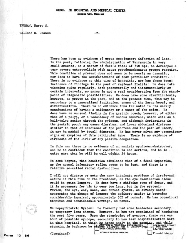 Physician's Report by Wallace H. Graham for Former President Harry S. Truman