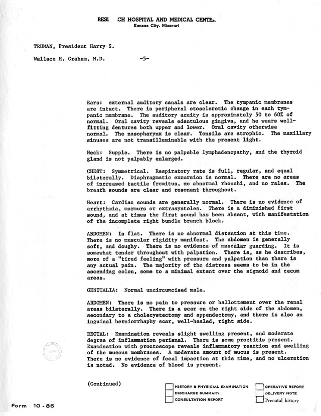 Physician's Report by Wallace H. Graham for Former President Harry S. Truman