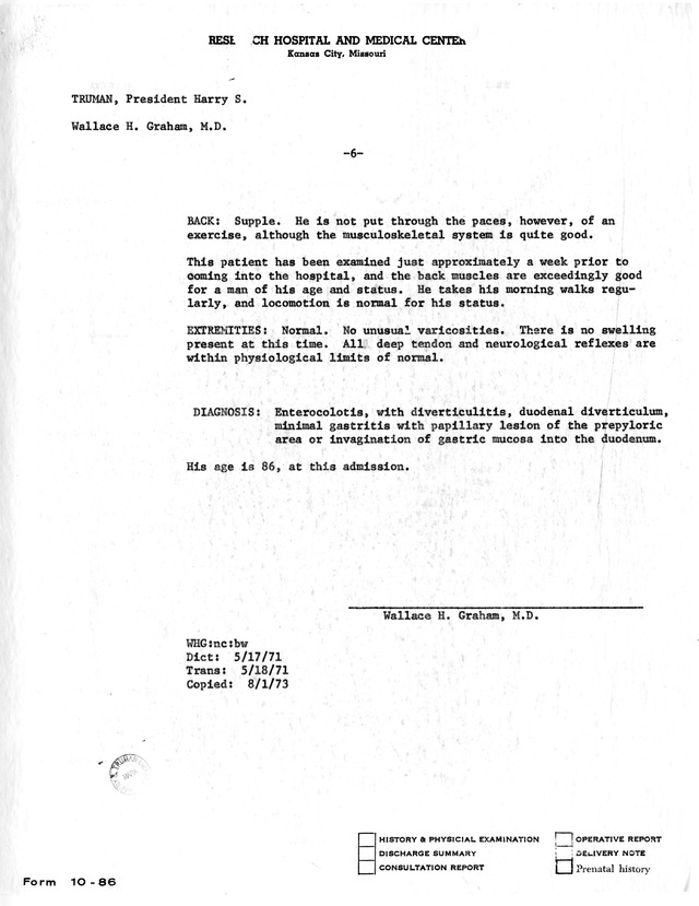 Physician's Report by Wallace H. Graham for Former President Harry S. Truman