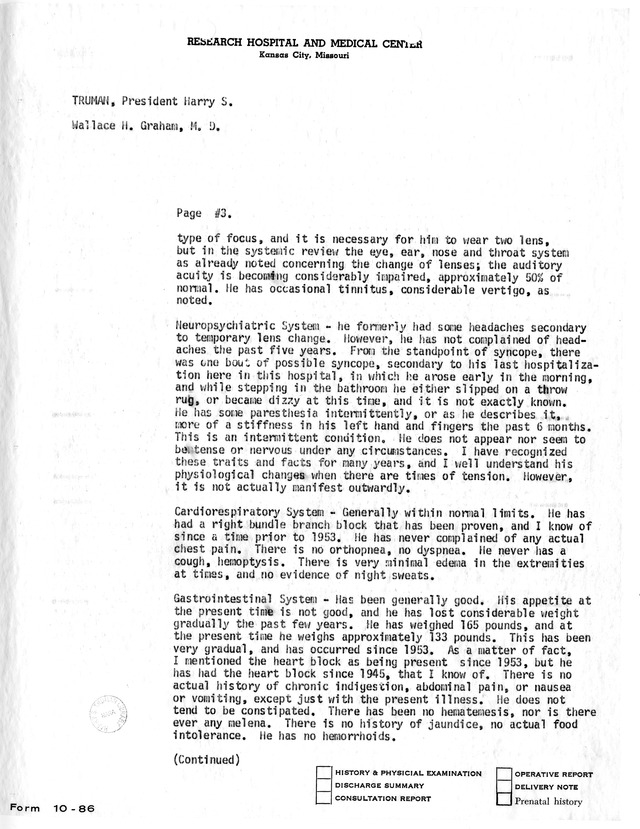 Physician's Report by Wallace H. Graham for Former President Harry S. Truman