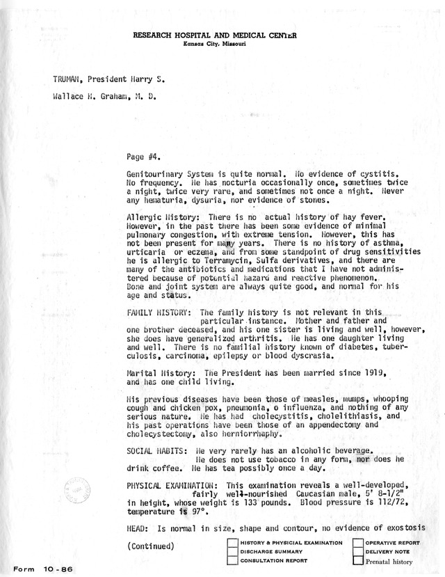 Physician's Report by Wallace H. Graham for Former President Harry S. Truman