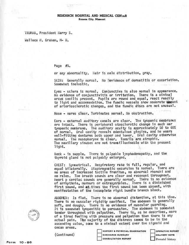 Physician's Report by Wallace H. Graham for Former President Harry S. Truman