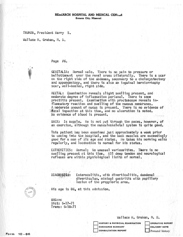 Physician's Report by Wallace H. Graham for Former President Harry S. Truman